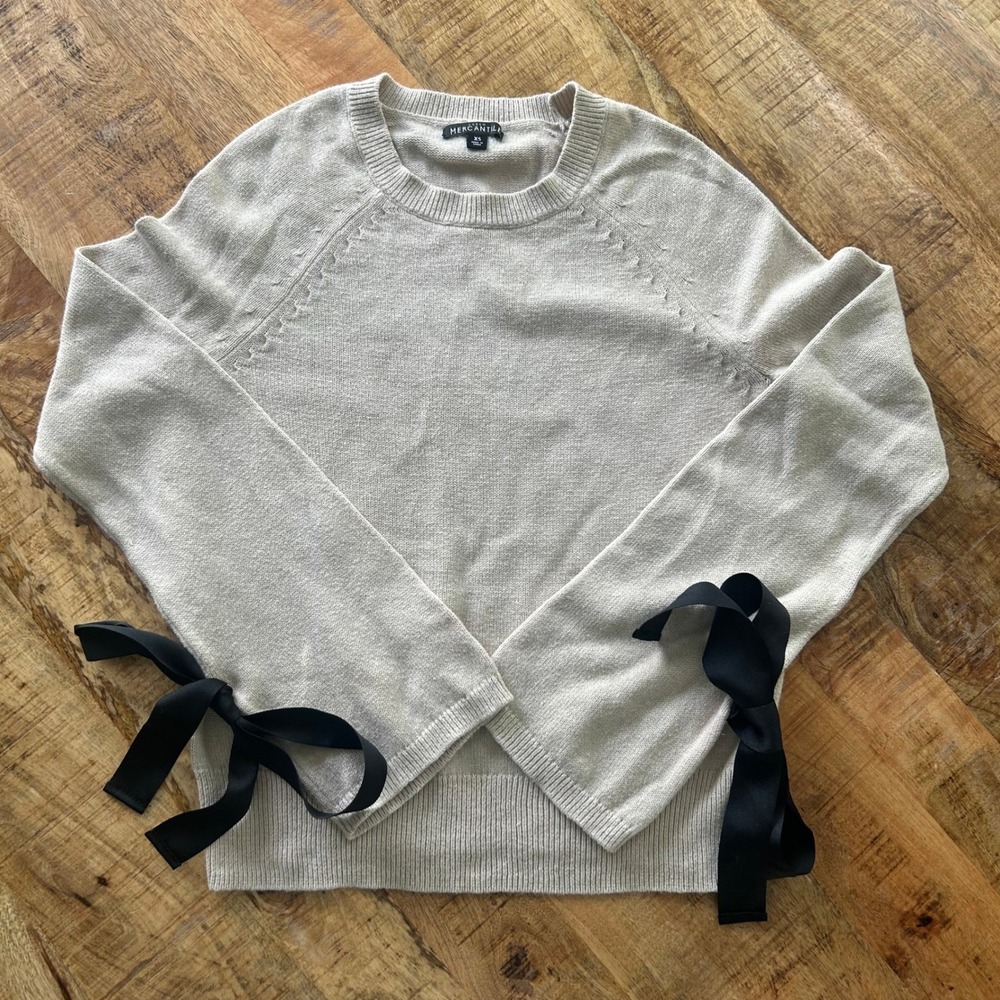J.Crew Mercantile Women Oatmeal Beige Bow Cuff Cotton Merino Wool Sweater XS